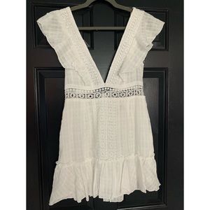 White Deep V Neck Embroidered Mini Dress
